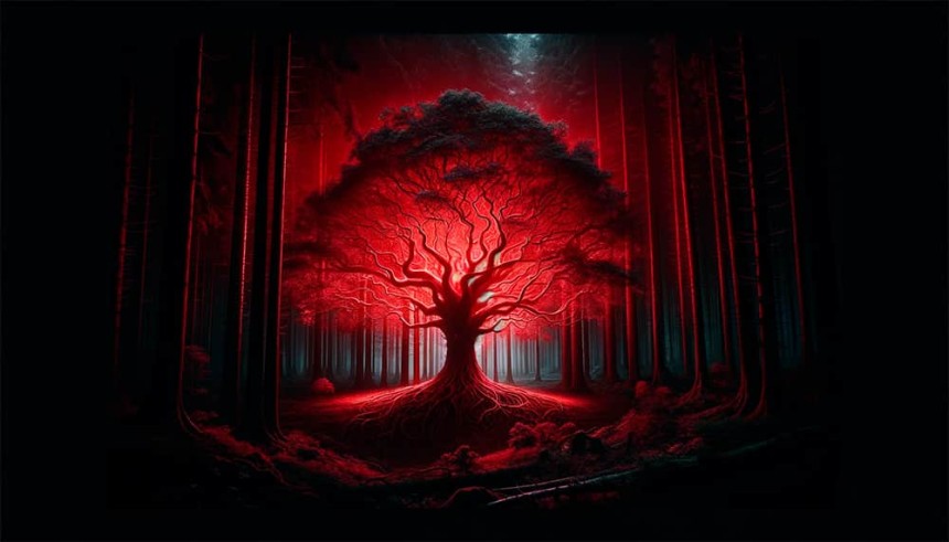 Arbol de color rojo que representa la fuerza y vitalidad en un bosque oscuro