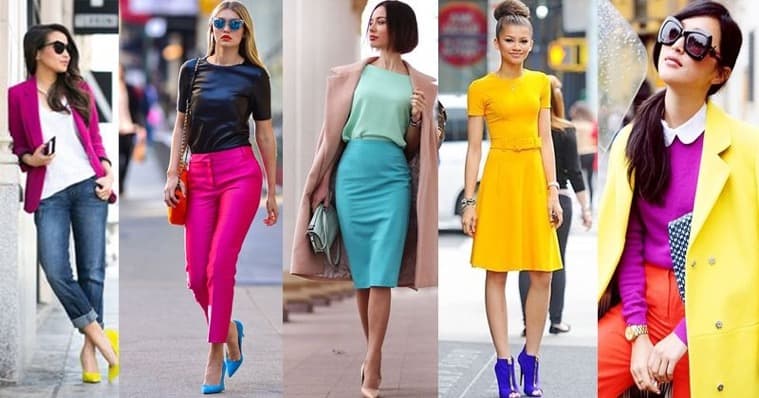 Mujeres con vestidos de diferentes colores